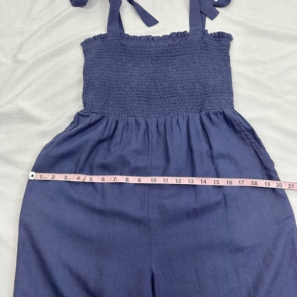 Susina size Small Blue Linen Blend Smocked Jumpsuit - Picture 11 of 15